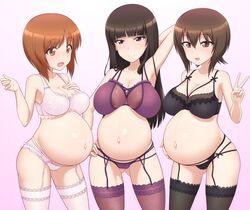 3girls aka8mori big_breasts breasts cleavage female female_only girls_und_panzer huge_belly large_breasts linea_nigra lingerie looking_at_viewer mother_and_daughter multiple_pregnancies nishizumi_maho nishizumi_miho nishizumi_shiho panties pregnant pregnant_milf pregnant_sisters ready_to_pop sisters thick_thighs thighhighs triple_pregnancy wide_hips