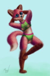 anthro baley belly big_ears big_feet bikini bikini_bottom bikini_top blue_eyes bottomwear breasts brown_body brown_ears brown_fur canid canine clothing feet female fox fox_tail frilly fur genitals green_bottomwear green_clothing green_topwear hands_behind_head hi_res mammal modestwold nipples pussy raised_leg red_body red_fox red_fur solo swimwear topwear translucent translucent_clothing white_belly white_body white_cheeks white_fur x-ray