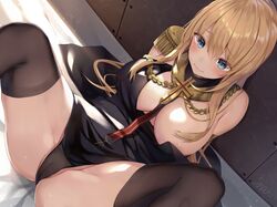 4:3_aspect_ratio azur_lane bangs bismarck_(azur_lane) bismarck_(beacon_of_the_ironblood)_(azur_lane) black_dress black_legwear blonde_hair blue_eyes blush breast_slip breasts cameltoe cape dress eyebrows_visible_through_hair female female_only female_solo groin hair_between_eyes high_resolution large_breasts long_hair looking_at_viewer military one_breast_out_of_clothes sitting smile solo spread_legs stockings thighhighs thighs u_ronnta