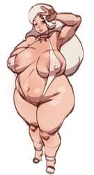 bbw big_ass big_breasts breasts busty chubby curvaceous curvy female long_hair melony_(pokemon) milf navel nipples peace_sign pokemon pokemon_ss sling_bikini solo thick_thighs tod0231 venus_body voluptuous white_hair wide_hips