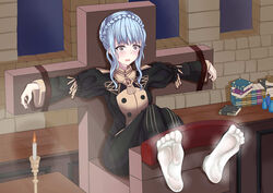 1girls artist_request blue_hair blush bondage brown_eyes cross dress feet fire_emblem fire_emblem:_three_houses foot_fetish garreg_mach_monastery_uniform indoors light_blue_hair marianne_von_edmund medium_hair nintendo open_mouth restrained scared short_hair smell smelly_feet socks solo_focus sweatdrop terrified tickling tied_to_cross