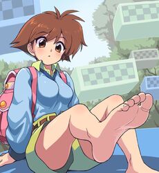 1girls backpack bangs barefoot big_eyes blush breasts brown_eyes brown_hair clothed collared_shirt feet female female_only hair_between_eyes human medium_breasts outdoors oyatsu_(mk2) pov_feet presenting presenting_feet short_hair shorts sitting soles solo sweater toes umihara_kawase umihara_kawase_(character)