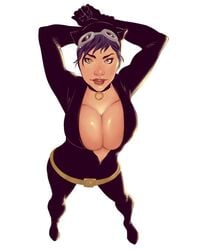 batman_(series) catwoman cleavage curvy dc_comics female glasses_on_head huge_breasts looking_at_viewer maskedpenciller short_hair skimpy_clothes smiling superheroine thick_thighs tight_clothes