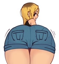 1boy bulge clothed femboy girly haczey jean_shorts looking_back motion_lines pantylines piercings solo_focus twerking