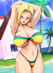 1girls alternate_version_available android_18 areolae belly belly_button bikini blonde_hair blue_eyes breasts dragon_ball dragon_ball_z female female_only huge_breasts kame_house krabby_(artist) looking_at_viewer navel solo thick_thighs wide_hips