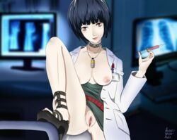 black_hair brown_eyes doctor feet femdom holding_syringe lass-with-ass looking_at_viewer medical persona persona_5 short_hair syringe tae_takemi uncensored