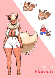 1boy 1girls anthro big_breasts blush breasts canine claws clothing cute cute_fang eevee eeveelution female flareon fluffy fluffy_tail franschesco_(artist) happy heart human looking_at_viewer looking_down mammal nintendo nipples open_mouth orange_fur pawpads paws pokémon_(species) pokemon pokemon_(species) pussy sitting sweat tail tailwag tongue tongue_out wet