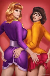 2girls arion69 ass ass_grab big_breasts brown_hair clothed daphne_blake dress female female/female female_focus female_only glasses hairband hanna-barbera long_hair looking_at_viewer looking_back pleated_skirt realistic scooby-doo seductive_look short_hair skirt sweater tagme take_your_pick teasing velma_dinkley warner_brothers yuri