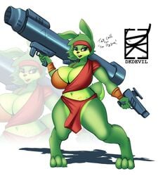 anthro bandana bazooka big_breasts blue_eyes breasts buckteeth cleavage clothed clothing dkdevil epic_games female front_view full_body full_cleavage fur green_body green_fur green_tail hair hare headband hi_res holding_weapon jazz_jackrabbit jazz_jackrabbit_(series) kerchief lagomorph laser_gun leporid loincloth long_ears looking_at_viewer mammal paws pigeon-toed rabbit rabbit_teeth ranged_weapon rocket_launcher rule_63 shadow short_tail simple_background smile solo tail tan_fur teeth text thick_thighs video_games weapon zoom_layer