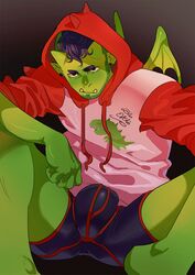 big_bulge blue_athes bulge green_skin hoodie looking_at_viewer male male_only orc orc_male purple_hair sharp_teeth solo wings