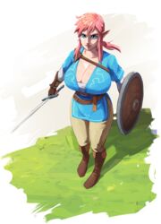 1girls breath_of_the_wild brellom champion's_tunic cleavage female genderswap_(mtf) huge_breasts hylian_trousers link pink_hair rule_63 shield soldier's_sword sword the_legend_of_zelda traveler's_shield tunic