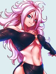 adapted_costume android_21 android_21_(good) bare_shoulders blue_eyes breasts cleavage collarbone commentary_request curly_hair dragon_ball dragon_ball_fighterz earrings female grey_background hands_up hoop_earrings jewelry kemachiku light_persona long_hair looking_at_viewer majin_android_21 medium_breasts monster_girl navel o-ring o-ring_bottom o-ring_top parted_lips pink_skin revealing_clothes ring smile solo stomach underboob very_long_hair white_hair