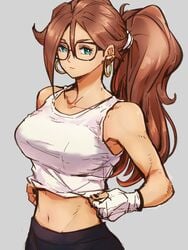 1girls alternate_costume alternate_hairstyle android_21 android_21_(human) blue_eyes breasts brown_hair collarbone dragon_ball dragon_ball_fighterz earrings female fingerless_gloves glasses gloves grey_background hoop_earrings jewelry kemachiku large_breasts long_hair looking_at_viewer midriff navel ponytail red_hair simple_background solo st62svnexilf2p9 tank_top white_gloves white_tank_top