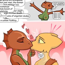 anthro argonian bethesda_softworks blush comic duo english_text female female/female katia_managan kissing oblivion prequel profanity quill-weave ratbloke scalie simple_background speech_bubble surprise_kiss text the_elder_scrolls video_games webcomic yuri