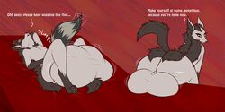 2:1 absurd_res anthro anthrofied ass balls balls_expansion big_balls big_butt biped butt cock_vore death dialogue digestion english_text expansion fur genital_expansion genitals girly grey_body handpaw hi_res hindpaw huge_balls huge_butt hyper hyper_balls hyper_genitalia leg_markings male markings mightyena motion_lines nintendo paws penile penis pokémon_(species) pokémorph pokemon pokemorph socks_(marking) solo striped_markings striped_tail stripes tail_markings text video_games vore yellow_sclera ziravore