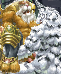 2006 anthro ass barazoku blush brown_body brown_fur duo felid fenrir_(final_fantasy) final_fantasy final_fantasy_xii fur genitals hashmal horn kemono male male/male mammal muscular muscular_male nipples pantherine penis square_enix tiger unknown_artist video_games white_body white_fur