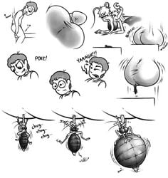 1boy 1girls anthro arthropod ball_suck balls big_breasts bodily_fluids breast_expansion breasts bug_girl cruelty cum duo expansion female genital_fluids genitals half-dude hi_res human inflation injection insects male mammal micro misty_(half-dude) monochrome oral penis presenting_balls sequence sex straight sucking tears what