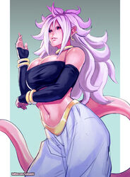 1girls 2010s android_21 arm_warmers baggy_pants bare_shoulders black_sclera bracelet breasts choker cleavage dark_persona dragon_ball dragon_ball_fighterz ear_piercing earrings female female_only harem_outfit harem_pants hoop_earrings humanoid jewelry kasai_x3 large_breasts lejeanx3 long_hair looking_at_viewer majin majin_android_21 midriff monster_girl navel pants parted_lips piercing pink_skin pointy_ears red_eyes solo stomach strapless tail tubetop twitter_username white_hair