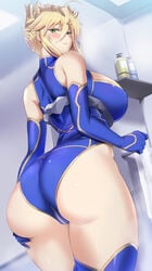 1girls artoria_pendragon artoria_pendragon_(lancer) ass ass_support back bangs big_ass big_breasts blonde_hair blue_gloves blue_legwear blue_leotard blush braid breasts crown curvy elbow_gloves fate/grand_order fate_(series) female female_only french_braid gloves green_eyes hair_between_eyes highleg highleg_leotard huge_breasts kumakichi_(cost-lost) large_ass leotard long_hair looking_at_viewer looking_back sidelocks solo solo_female thick_thighs thighhighs thighs voluptuous