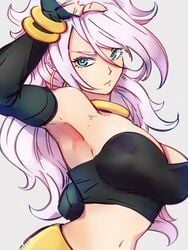 android android_21 android_21_(good) armpits blue_eyes bracelet breasts choker cleavage closed_mouth detached_sleeves dragon_ball dragon_ball_fighterz female grey_background hair_between_eyes jewelry kemachiku large_breasts light_persona light_skin long_hair looking_at_viewer majin_android_21 midriff monster_girl navel pink_hair simple_background solo tubetop white_hair yellow_choker