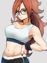 alternate_costume android_21 android_21_(human) black-framed_eyewear black_nails blue_eyes breasts closed_mouth collarbone dragon_ball dragon_ball_fighterz earrings female glasses grey_background hand_on_hip hoop_earrings jewelry kemachiku long_hair medium_breasts midriff nail_polish navel pants red_hair simple_background solo sports_bra sportswear track_pants