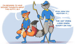 animal_genitalia anthro balls bottomless canid canine clothed clothing disney duo english_text fox genitals hat headgear headwear jonas-puppeh male male_only mammal nick_wilde procyonid raccoon sheath sly_cooper sly_cooper_(series) smooth_fur sony_corporation sony_interactive_entertainment sucker_punch_productions text video_games zootopia