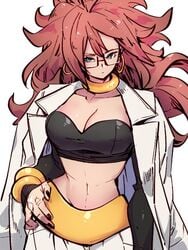 android android_21 android_21_(human) black_nails blue_eyes breasts brown_hair choker cleavage closed_mouth collarbone cosplay dragon_ball dragon_ball_fighterz earrings female fingernails glasses hoop_earrings jewelry kemachiku labcoat long_hair looking_at_viewer medium_breasts midriff nail_polish nails navel open_clothes red_hair solo vomi_(dragon_ball) yellow_choker