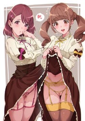 2girls blush brown_background brown_eyes brown_hair brown_legwear brown_skirt clothing dress dress_lift female_pubic_hair fishnet_legwear fishnets fully_clothed garter_straps hair_ornament hairclip hanadera_nodoka healin'_good_precure heart highres hiramitsu_hinata lifted_by_self long_sleeves looking_at_viewer multiple_girls navel open_mouth precure pretty_cure pubic_hair puffy_long_sleeves puffy_sleeves pussy red_eyes red_hair short_hair skirt skirt_lift smile spoken_heart stockings sugarbeat thigh_gap thighhighs twintails