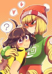 2girls ? arms_(game) assertive assertive_female beanie blonde_hair blush bob_cut breasts brown_hair brunette_hair chinese_clothes duo female female_focus female_only green_eyes hat heart height_difference holding_another holding_another_to_chest hug hugging mechanica min_min_(arms) multiple_girls nintendo purple_eyes runapiero short_hair smile wholesome yellow_clothing yellow_hair yuri