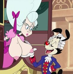 1boy animaniacs animaniacs_(2020) beauty_mark big_breasts breast_hold breasts edit female huge_breasts marie_antoinette marie_antoinette_(animaniacs) mole mole_on_breast monkeyman_(artist) nipples public_domain screencap screenshot_edit warner_brothers yakko_warner