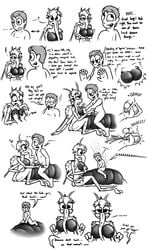 absurd_res angry anthro arthropod ball_grab ball_squish balls big_breasts blood bodily_fluids breast_grab breasts dipteran duo english_text female genitals half-dude hand_on_breast hi_res human insects male mammal misty_(half-dude) monochrome mosquito multi_arm multi_limb nosebleed penis profanity shrinking size_theft size_transformation squish straight text transformation