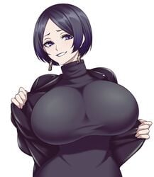 1girls big_breasts black_hair breasts camui_kamui_(hz_666v) cute dark_hair female female_only happy huge_breasts large_breasts light-skinned_female light_skin original purple_eyes short_hair smile solo sweater thin thin_waist top_heavy turtleneck voluptuous white_background