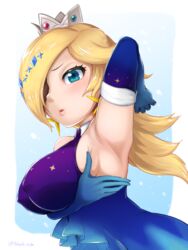 1girls arm_up armpit armpit_fetish armpits big_breasts blade_ride blonde_hair blue_eyes blush breasts clothed clothing crown dress elbow_gloves female gloves hair_ornament hair_over_one_eye high_resolution highres lips long_hair looking_at_viewer looking_down mario_(series) mario_kart mario_kart_tour nintendo official_alternate_costume princess_rosalina sleeveless sleeveless_dress solo upper_body