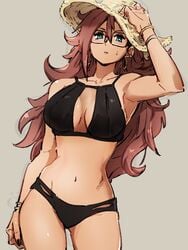 android_21 android_21_(human) bikini black_bikini black_nails blue_eyes bracelet breasts cleavage_cutout clothing_cutout collarbone dragon_ball dragon_ball_fighterz female glasses grey_background hair_between_eyes hand_up hat jewelry kemachiku long_hair medium_breasts nail_polish navel red_hair simple_background solo straw_hat swimsuit