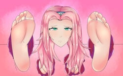 1girls barefoot blush bondage feet female female_focus female_only foot_fetish foot_focus glory_hole green_eyes headband long_hair naruto naruto_(classic) naruto_(series) pale-skinned_female pale_skin pink_hair sakura_haruno soles solo solo_female solo_focus stuck_in_wall toes trapped virtual_fairy wall