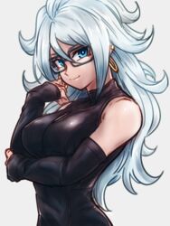 alternate_hair_color android_21 android_21_(human) arm_under_breasts arm_up bare_shoulders black-framed_eyewear black_dress blue_eyes breasts closed_mouth commentary_request curly_hair detached_sleeves dragon_ball dragon_ball_fighterz dress earrings female glasses grey_background hoop_earrings jewelry kemachiku light_persona long_hair looking_at_viewer majin_android_21 medium_breasts sleeveless sleeveless_dress smile solo taut_clothes taut_dress upper_body very_long_hair white_hair