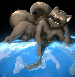 2020 absurd_res anthro areola atmospheric_perspective black_body black_fur blush breasts canid canine destruction female fox fur hi_res kaaly_(notbad621) macro mammal nipples notbad621 open_mouth planet solo space star