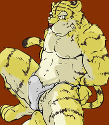 2006 anthro asian_clothing balls barazoku bulge clothed clothing east_asian_clothing erection erection_under_clothing felid fundoshi genitals himachi japanese_clothing kemono low_res male male_only mammal nipples pantherine simple_background solo tiger underwear