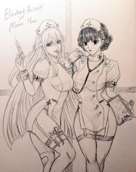 2girls elizabeth_bathory_(majo_taisen) female human human_only light-skinned_female light_skin majo_taisen mata_hari nurse stethoscope syringe tagme_(hat)