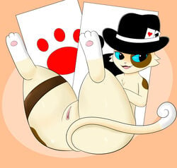 a_cat_is_fine_too ass card clothing dealer_(prismosis) domestic_cat felid feline felis female feral genitals hat headgear headwear hi_res legs_up looking_at_viewer mammal meme pawpads paws prismosis sitting smile spots