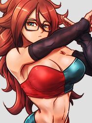 adapted_costume android_21 android_21_(human) armpits arms_up black-framed_eyewear blue_eyes bra breasts brown_hair checkered checkered_bra cleavage closed_mouth collarbone commentary_request curly_hair detached_sleeves dragon_ball dragon_ball_fighterz dress expressionless female glasses kemachiku long_hair looking_at_viewer medium_breasts navel solo sports_bra underwear upper_body very_long_hair