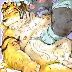 1:1 2006 anthro balls belly blush brown_body brown_fur closed_eyes digital_media_(artwork) domestic_pig duo facial_hair felid food fur genitals kemono low_res male male/male mammal moustache nekomarudon nipples oekaki overweight overweight_male pantherine penis suid suina sus_(pig) tanukimaru tiger tongue tongue_out