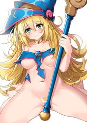 areolae arm_behind_back bad_censor bare_legs bare_shoulders blonde_hair blush bottomless breasts commentary_request covering crop_top curly_hair dark_magician_girl embarrassed female green_eyes hair_between_eyes hand_up hat highres holding holding_staff long_hair looking_at_viewer medium_breasts nakareki navel no_bra nude pink_nails pubic_hair sitting smile solo spread_legs staff thighs underboob very_long_hair yu-gi-oh!