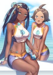 2girls athletic athletic_female belly_button blue_eyes breasts brown_skin dark-skinned_female dive_ball double_chocolate earrings female female_focus female_only game_freak gym_leader gym_trainer_(hulbury_stadium) gym_trainer_(pokemon) hair_bun long_hair looking_at_viewer midriff multicolored_hair multiple_females multiple_girls navel nessa_(pokemon) nintendo npc_trainer open_mouth pokemon pokemon_ss short_hair shorts shoulders sports_bra sportswear tummy two_tone_hair unizou