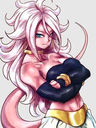 android_21 android_21_(good) artist_request bandeau bare_shoulders blue_eyes bracelet breasts cleavage closed_mouth collarbone commentary_request crossed_arms curly_hair detached_sleeves dragon_ball dragon_ball_fighterz earrings female female_only grey_background harem_outfit harem_pants hoop_earrings jewelry kemachiku light_persona long_hair looking_at_viewer majin_android_21 medium_breasts monster_girl navel neck_ring pants pink_skin ring smile solo tail very_long_hair white_hair white_pants