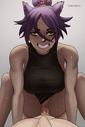 1boy 1girls animal_ears big_breasts bleach breasts cowgirl_position dark-skinned_female erection eyeless_male female interracial large_breasts looking_at_viewer male nude penetration penis pov purple_hair pussy sex shihouin_yoruichi smile straight tumtumisu vaginal_penetration yellow_eyes