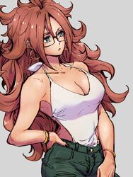 alternate_costume android_21 android_21_(human) blue_eyes bracelet breasts cleavage denim dragon_ball dragon_ball_fighterz earrings female glasses grey_background hair_between_eyes hand_on_hip hoop_earrings jeans jewelry kemachiku long_hair looking_away medium_breasts pants red_hair simple_background solo