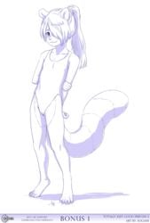 2020 anthro aogami blush c_(chirmaya) cameltoe chirmaya clothing comic english_text female hair hair_over_eye hi_res holding_arm mammal monochrome one_eye_obstructed partially_visible_vulva ponytail procyonid raccoon swimwear teenager text url young