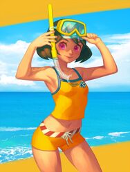 1girls armpits arms_(game) arms_raised arms_up beach beach_shorts bellhenge bikini_shorts bob_cut breasts brunette collarbone crop_top female female_focus female_only mechanica navel nintendo ocean pink_eyes shirt short_hair shorts shoulders snorkel stomach swimsuit swimwear teenager thighs tummy yellow_bikini_shorts yellow_clothing yellow_shirt yellow_shorts