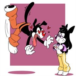 <3_eyes 1:1 animaniacs animaniacs_(2020) anthro areola big_nipples boot_leg canid canine canis cervid domestic_dog duo female flashing_breasts freckles geek_illustrations heart hi_res lust male mammal nipples straight warner_brothers yakko_warner